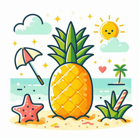 Pineapple on the beach. Vector illustration in flat style.のイラスト素材