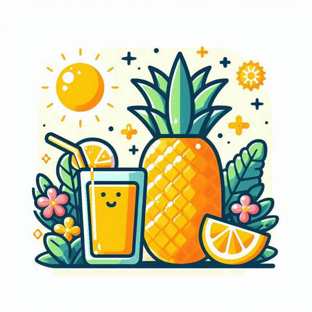 Cute pineapple and juice in flat style. Vector illustration. Summer concept.のイラスト素材