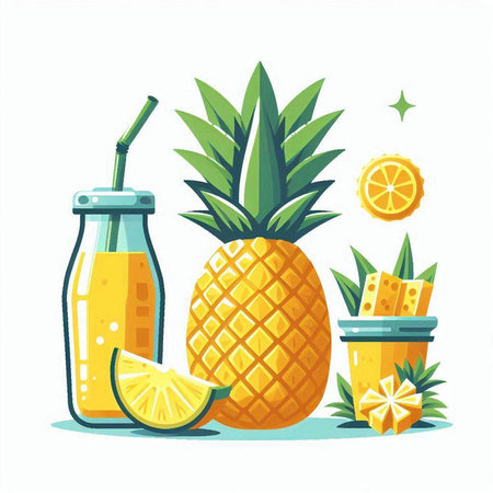 Pineapple juice in a bottle, a glass with a straw, a slice of lemon and a straw. Vector illustration.のイラスト素材