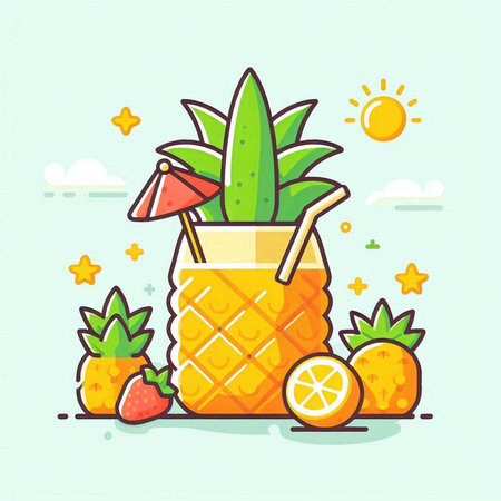 Pineapple smoothie flat color vector illustration. Fresh fruit cocktail with straw and umbrella.のイラスト素材