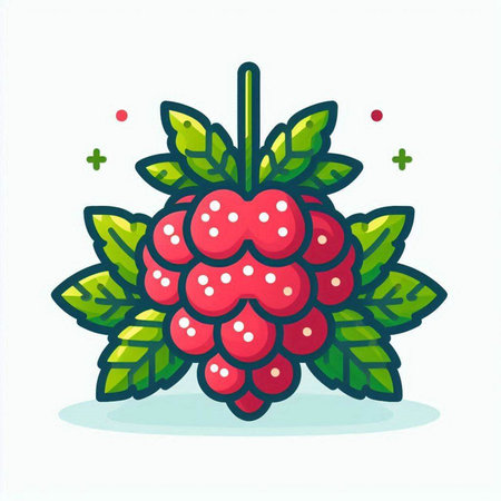 Raspberry fruit icon. Vector illustration of berry with leaves.のイラスト素材