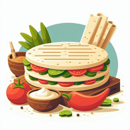 Tortilla with meat, vegetables and sauce. Vector illustration.のイラスト素材