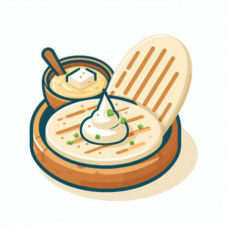 Illustration of a soup in a wooden bowl with a spoon.のイラスト素材