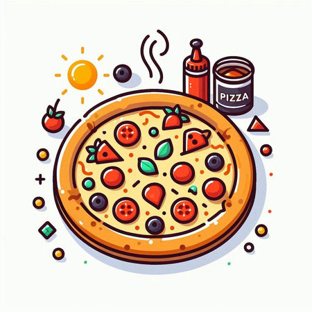 Pizza with tomato, pepper and mozzarella. Vector illustrationのイラスト素材