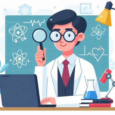 Scientist with magnifying glass and laptop. Vector illustration in cartoon styleのイラスト素材