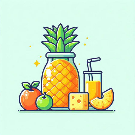 Pineapple juice in a glass and fresh fruits. Vector illustration.のイラスト素材