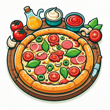 Pizza with mozzarella cheese, tomatoes and olives. Vector illustration.のイラスト素材
