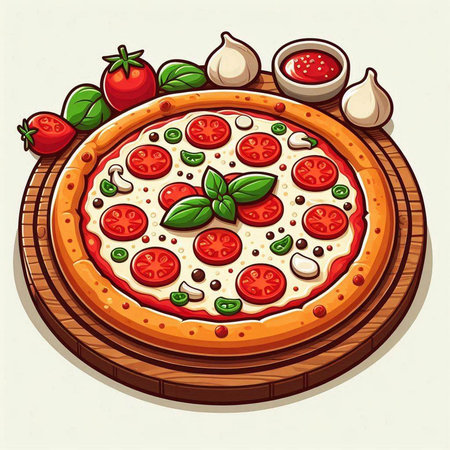 Pizza with tomato, mozzarella and basil. Vector illustration.のイラスト素材