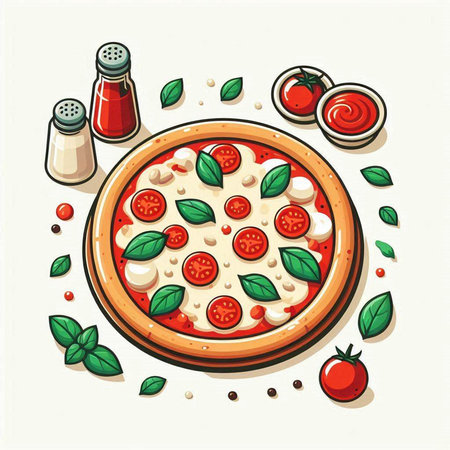 Pizza with mozzarella, tomato and basil. Vector illustrationのイラスト素材