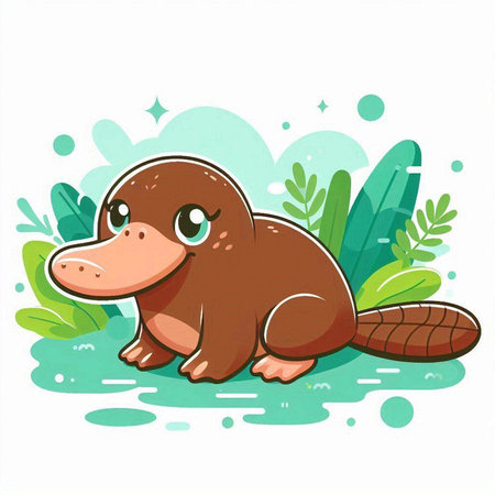 Cute cartoon platypus sitting in the grass. Vector illustration.のイラスト素材