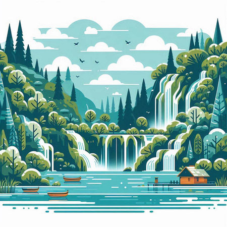 Waterfall in the forest. Landscape with waterfalls and boats. Vector illustration.のイラスト素材