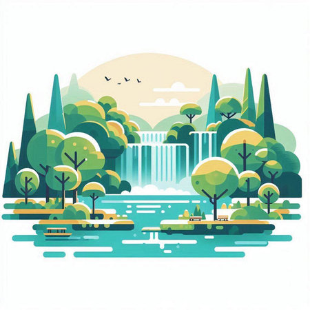 Waterfall in the forest. Vector illustration in a flat style.のイラスト素材