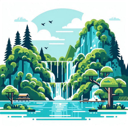 Waterfall in the forest. Vector illustration in flat style. Mountain landscape.のイラスト素材