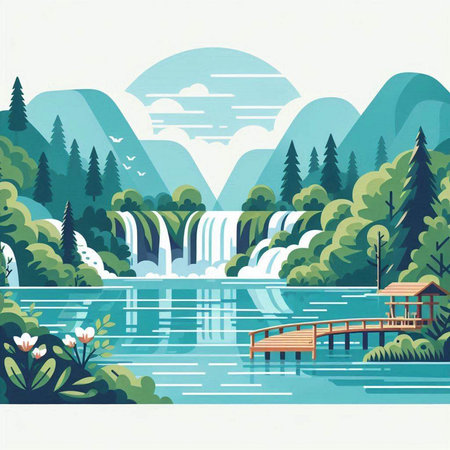 Waterfall in the forest. Waterfall on the river. Vector illustration.のイラスト素材