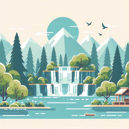 Landscape with waterfall and lake in flat style. Vector illustration.のイラスト素材