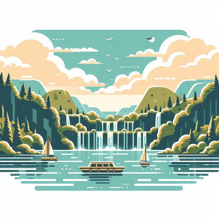 Landscape of lake and mountains in retro style. Vector illustration.のイラスト素材