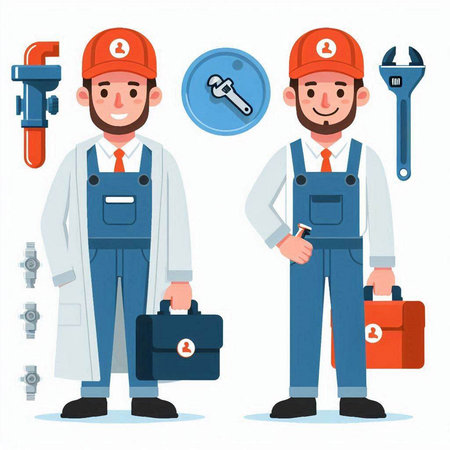 Plumber and plumber in uniform with tools. Vector illustration.のイラスト素材