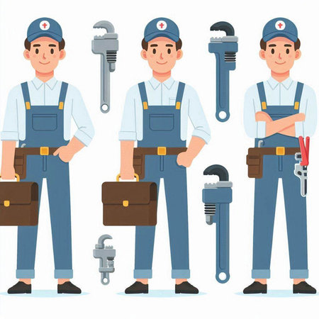 Plumber character in work clothes. Vector illustration in cartoon style.のイラスト素材