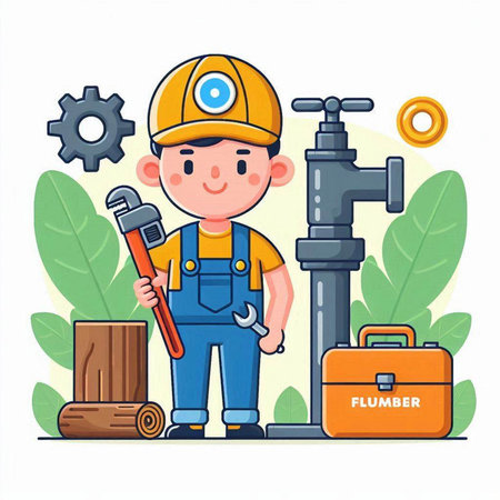 Plumber with tools. Vector illustration in cartoon style. Plumber in a helmet and overalls.のイラスト素材