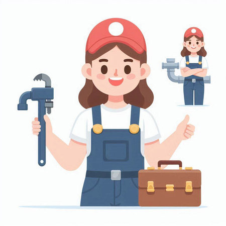 Female plumber with tools. Vector illustration in a flat style.のイラスト素材