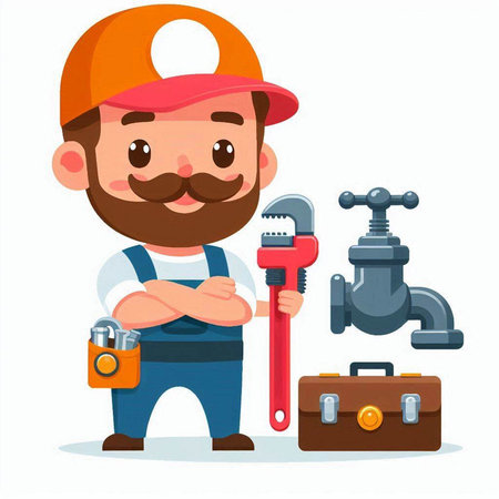 Plumber with wrench and toolbox. Vector illustration in cartoon styleのイラスト素材