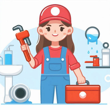Plumber girl in uniform with tools. Vector illustration in cartoon styleのイラスト素材