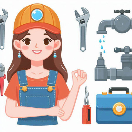 Female plumber in overalls and helmet. Vector illustration of a cartoon character.のイラスト素材