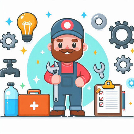 Plumber with tools. Vector illustration in cartoon style on white background.のイラスト素材