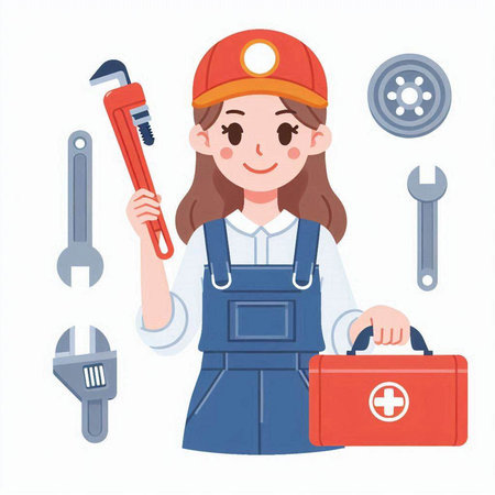Female plumber in uniform with tools. Vector illustration in cartoon style.のイラスト素材