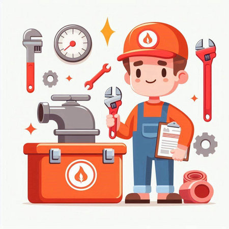 Plumber with tools. Vector illustration in cartoon style on a white background.のイラスト素材
