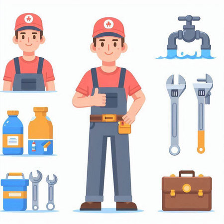 Plumber character in uniform and overalls with tools. Vector illustrationのイラスト素材