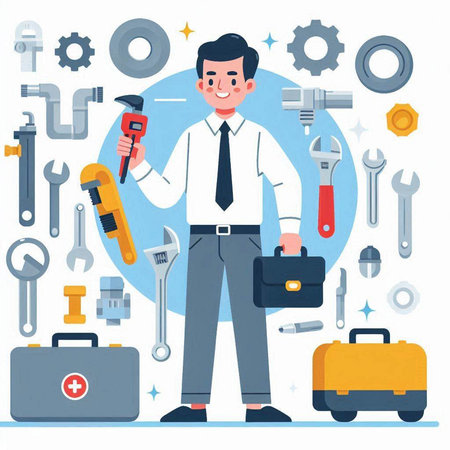 Businessman with tools. Vector illustration in flat style. Isolated on white background.のイラスト素材