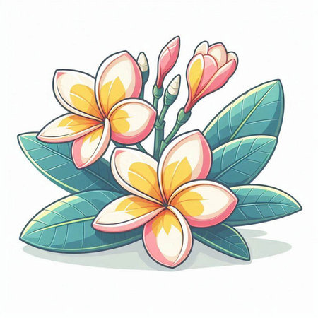 Plumeria flowers with leaves isolated on white background. Vector illustration.のイラスト素材