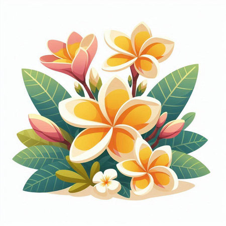 Frangipani flowers and leaves isolated on white background. Vector illustration.のイラスト素材