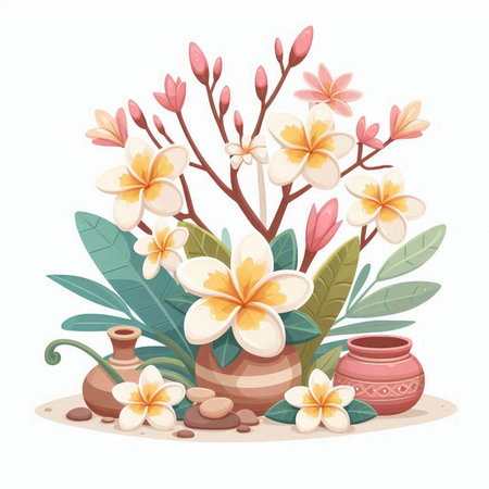 Tropical flower in clay pot. Hand drawn vector illustration.のイラスト素材