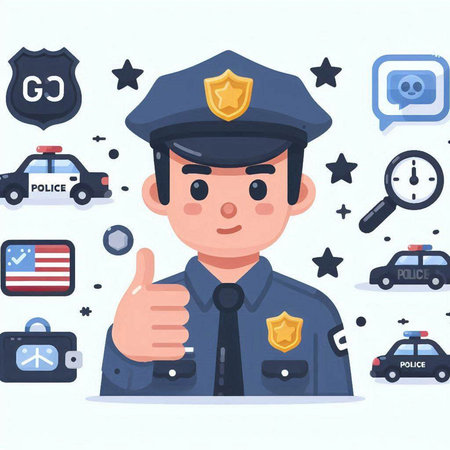 Police officer in uniform shows thumbs up. Vector illustration in flat style.のイラスト素材