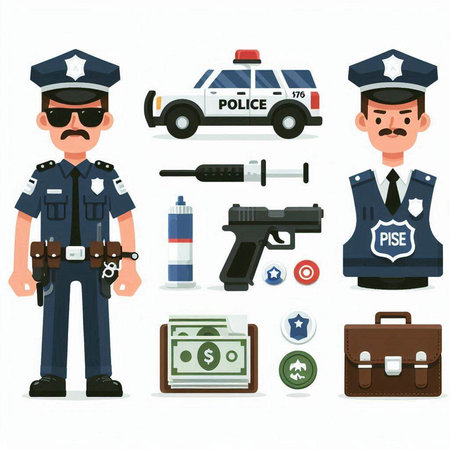 Police icons set. Policeman, policeman, police officer, police car, gun, money, bag, briefcase, handgun, pistol, shotgun, assault shield. Vector illustrationのイラスト素材