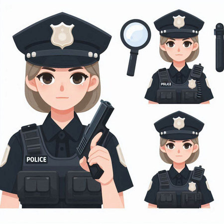 Policewoman vector illustration set. Policewoman in police uniform.のイラスト素材