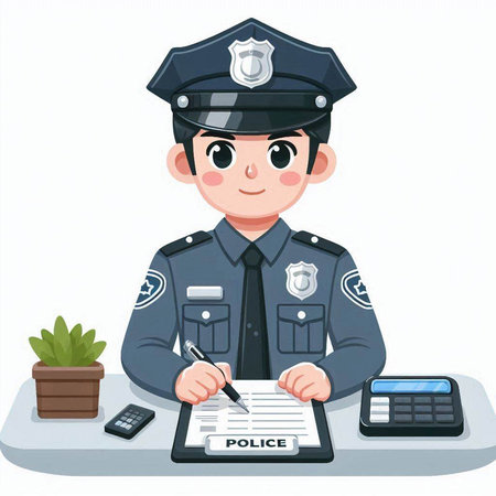 Policeman with clipboard and calculator. Vector illustration in cartoon style.のイラスト素材