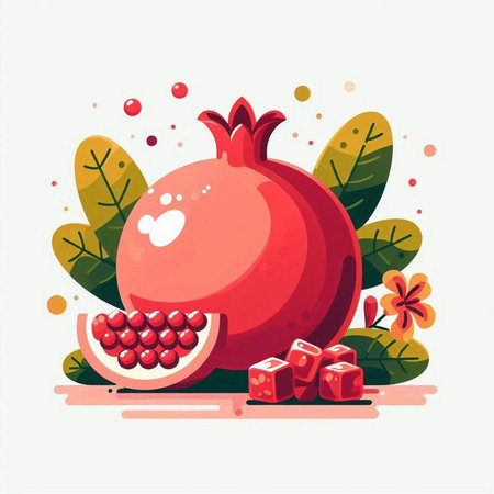 Pomegranate fruit with leaves and ice cubes. Vector illustration.のイラスト素材