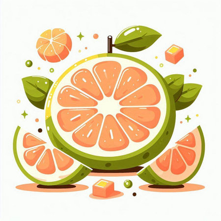 Grapefruit vector illustration. Juicy fruit with green leaves isolated on white background.のイラスト素材