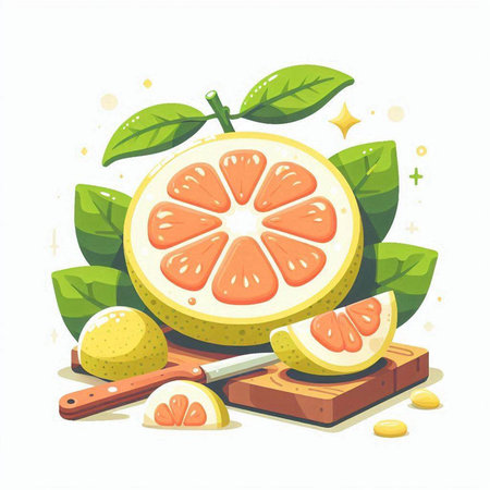 Citrus fruit vector illustration. Juicy grapefruit with green leaves and slices.のイラスト素材