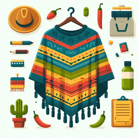 Mexican poncho and accessories on white background. Vector illustration.のイラスト素材