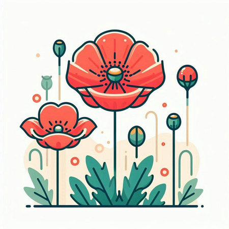 Vector illustration with poppies on a white background. Line art.のイラスト素材