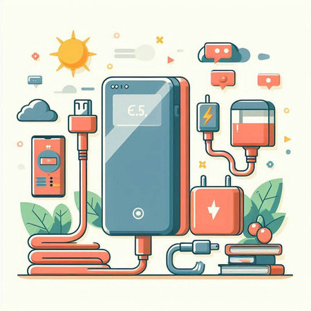 Smart phone charging. Vector illustration in flat design style with icons of battery, power supply, charger, cable, battery.のイラスト素材