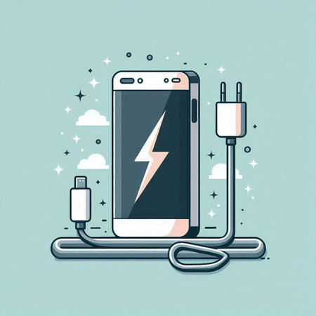 Smartphone charging with power cord on blue background. Vector illustration.のイラスト素材