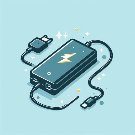 Smartphone charging with power bank on blue background. Vector illustration.のイラスト素材