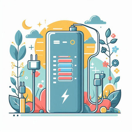 Electricity power battery on the background of nature. Vector illustration.のイラスト素材