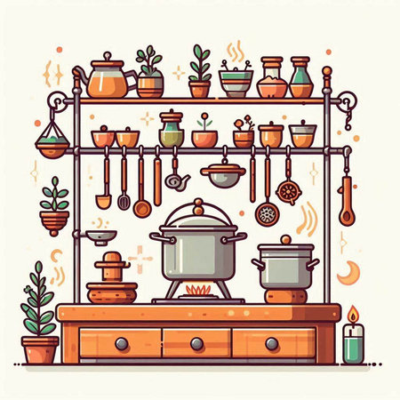 Vector illustration of a kitchen with a stove and a pot. Kitchen equipment.のイラスト素材