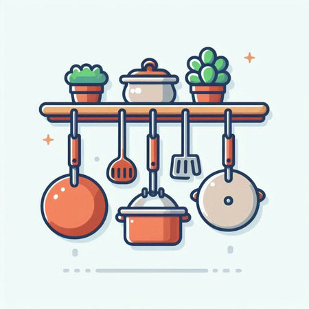 Kitchen tools and utensils. Vector illustration in linear style.のイラスト素材